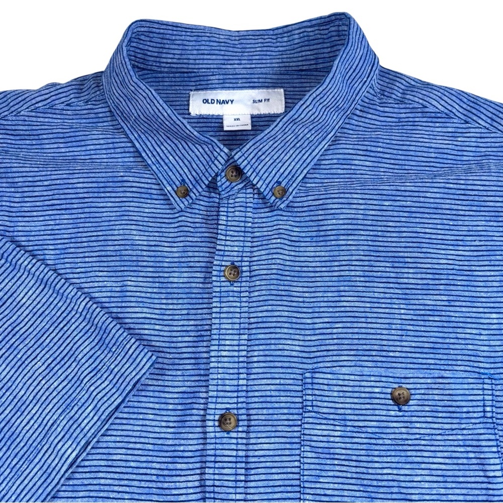 Old‎ Navy Men XXL Linen Button Down Shirt Short Sleeve Slim Coastal Nautical Dad
